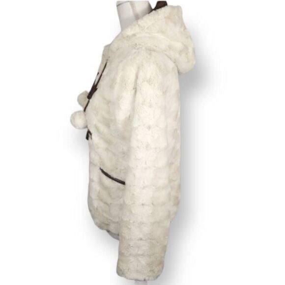 YOKI GIRLS CREAM & BROWN FAUX FUR HOODED JACKET W/POM POMS SZ.M GUC - Picture 2 of 8